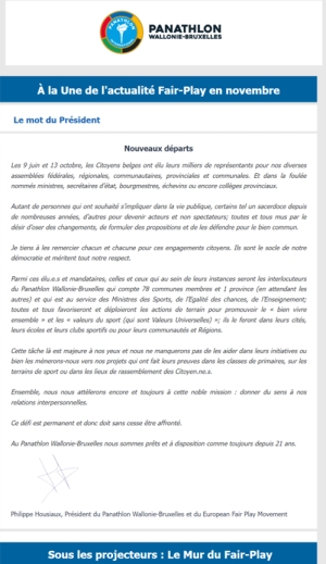 Panathlon International Club Wallonie-Bruxelles - Newsletter Novembre 2024