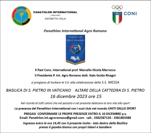 Panathlon Club Agroromano - Invito per la Celebrazione della S.S. Messa in Vaticano Basilica di S. Pietro il 16 dicembre 2023