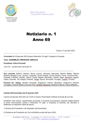 Panathlon International Club Varese - Notiziario n.1 - Anno 69