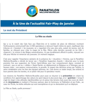 Panathlon International Club Wallonie-Bruxelles - Newsletter janvier 2024