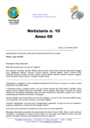 Panathlon International Club Varese - Notiziario n.10 Anno 69